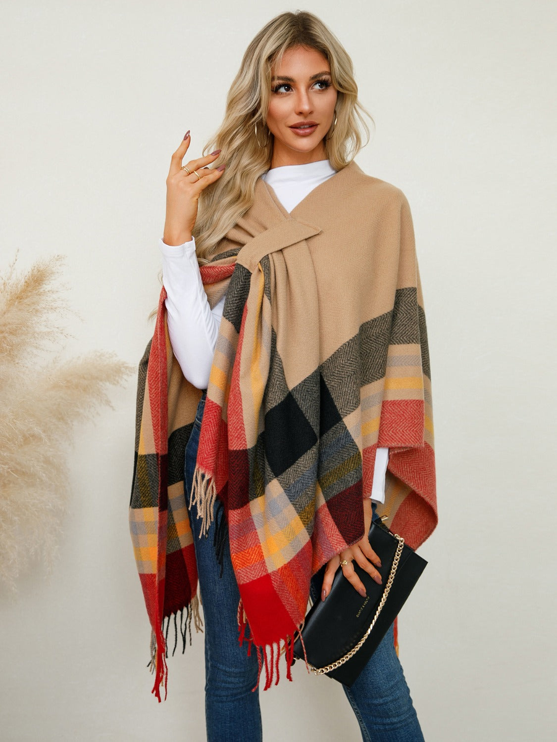 Fringe Contrast Plaid Poncho-Angel Casuals