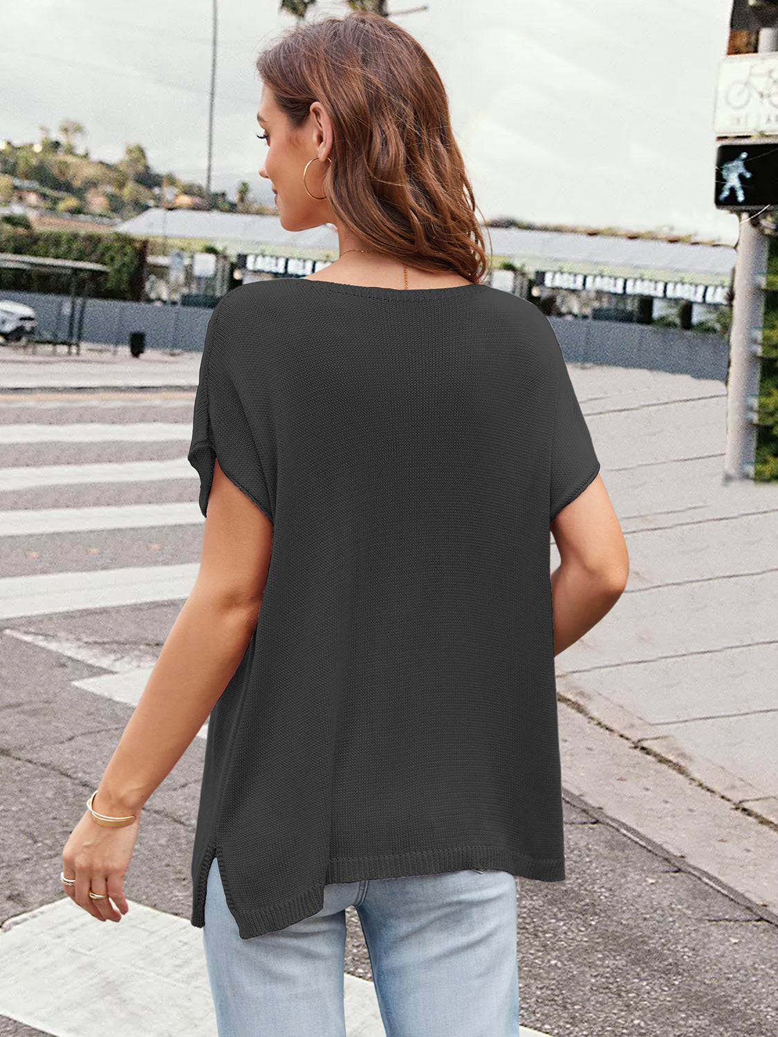 Notched Short Sleeve Knit Top-Angel Casuals