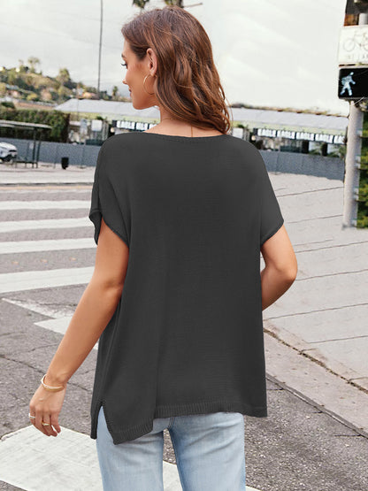 Notched Short Sleeve Knit Top-Angel Casuals