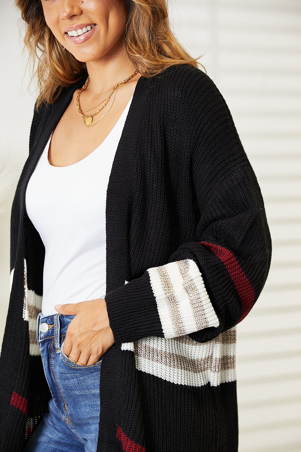 Striped Rib-Knit Drop Shoulder Open Front Cardigan-Angel Casuals