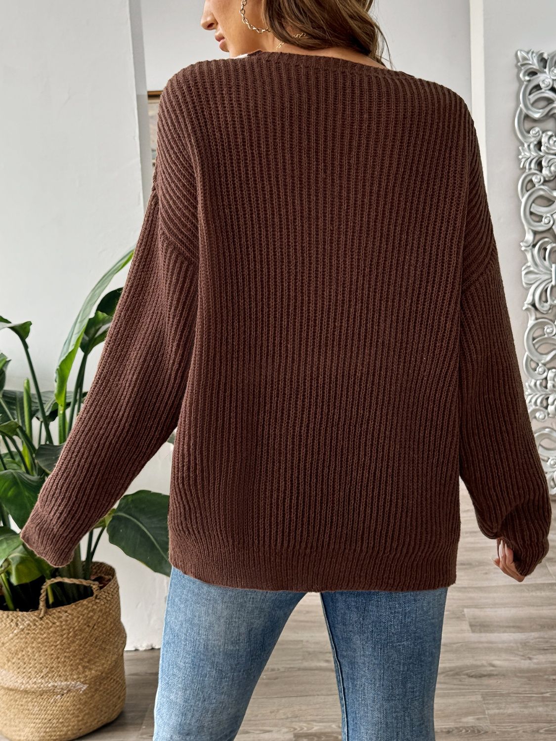 Contrast Dropped Shoulder Long Sleeve Sweater-Angel Casuals