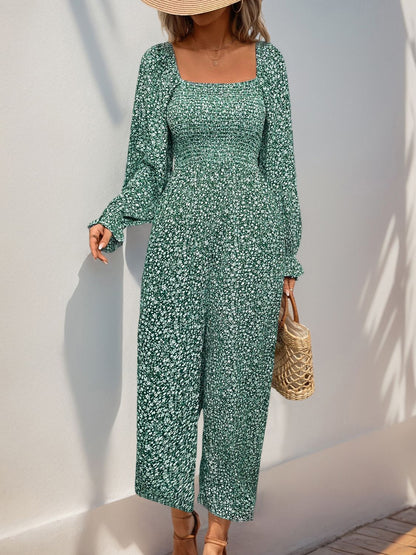 Perfee Smocked Printed Long Sleeve Wide Leg Jumpsuit-Angel Casuals