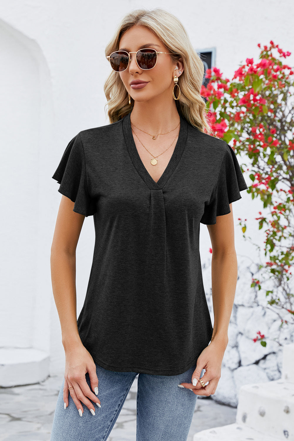 V-Neck Flutter Sleeve T-Shirt-Angel Casuals
