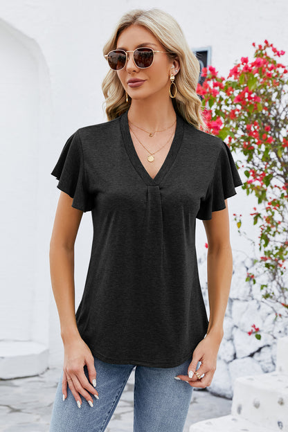 V-Neck Flutter Sleeve T-Shirt-Angel Casuals
