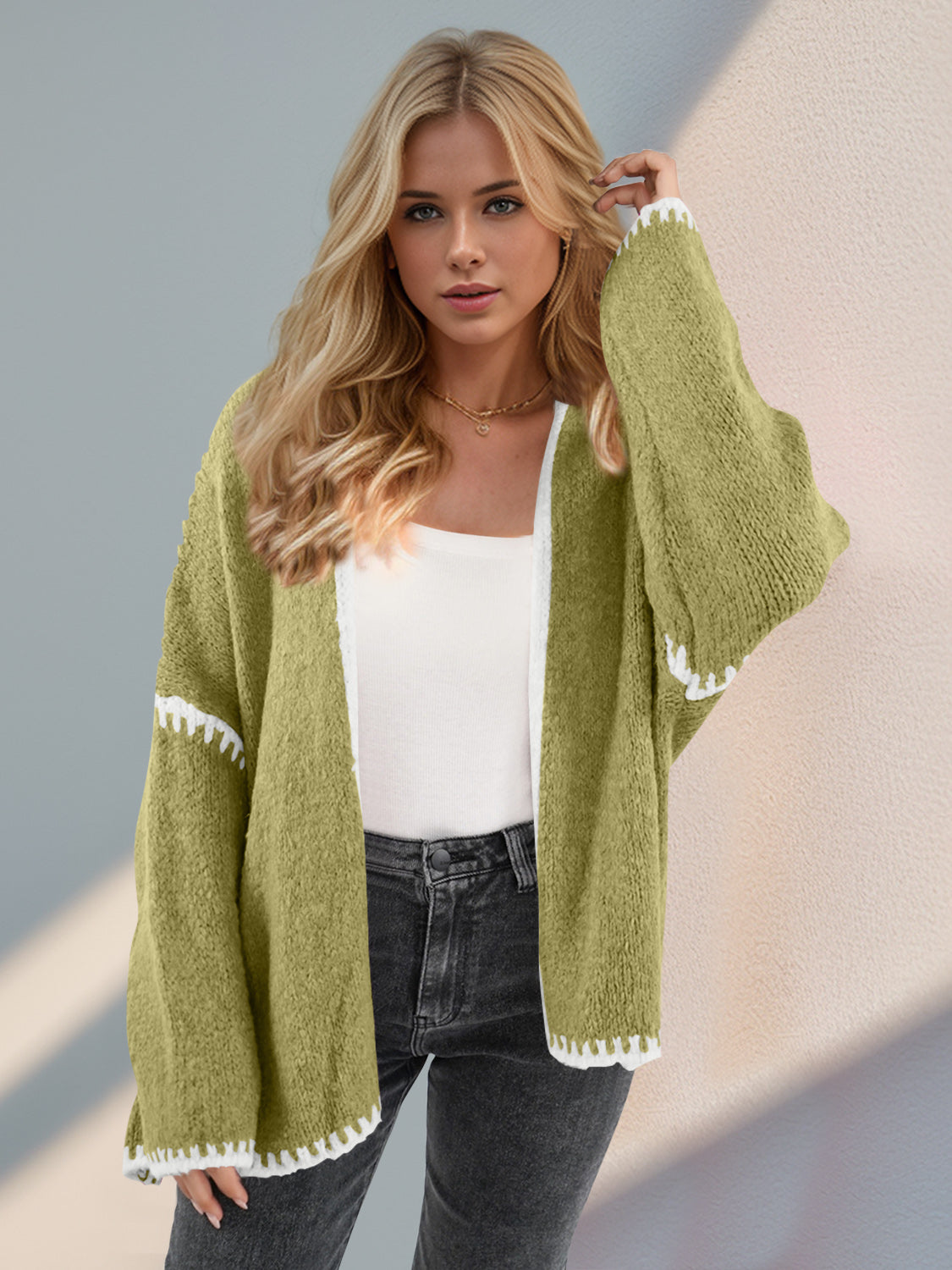 Double Take Contrast Open Front Dropped Shoulder Cardigan-Angel Casuals
