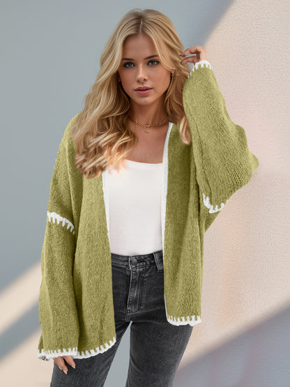 Double Take Contrast Open Front Dropped Shoulder Cardigan-Angel Casuals