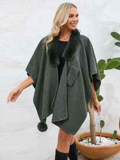 Fuzzy Trim Open Front Poncho-Angel Casuals
