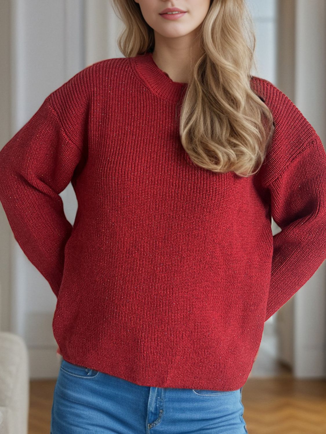 Solid Color Round Neck Long Sleeve Sweater-Angel Casuals