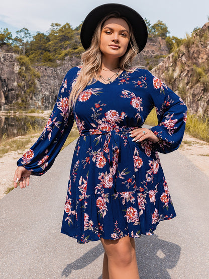 Plus Size V-Neck Long Sleeve Dress-Angel Casuals