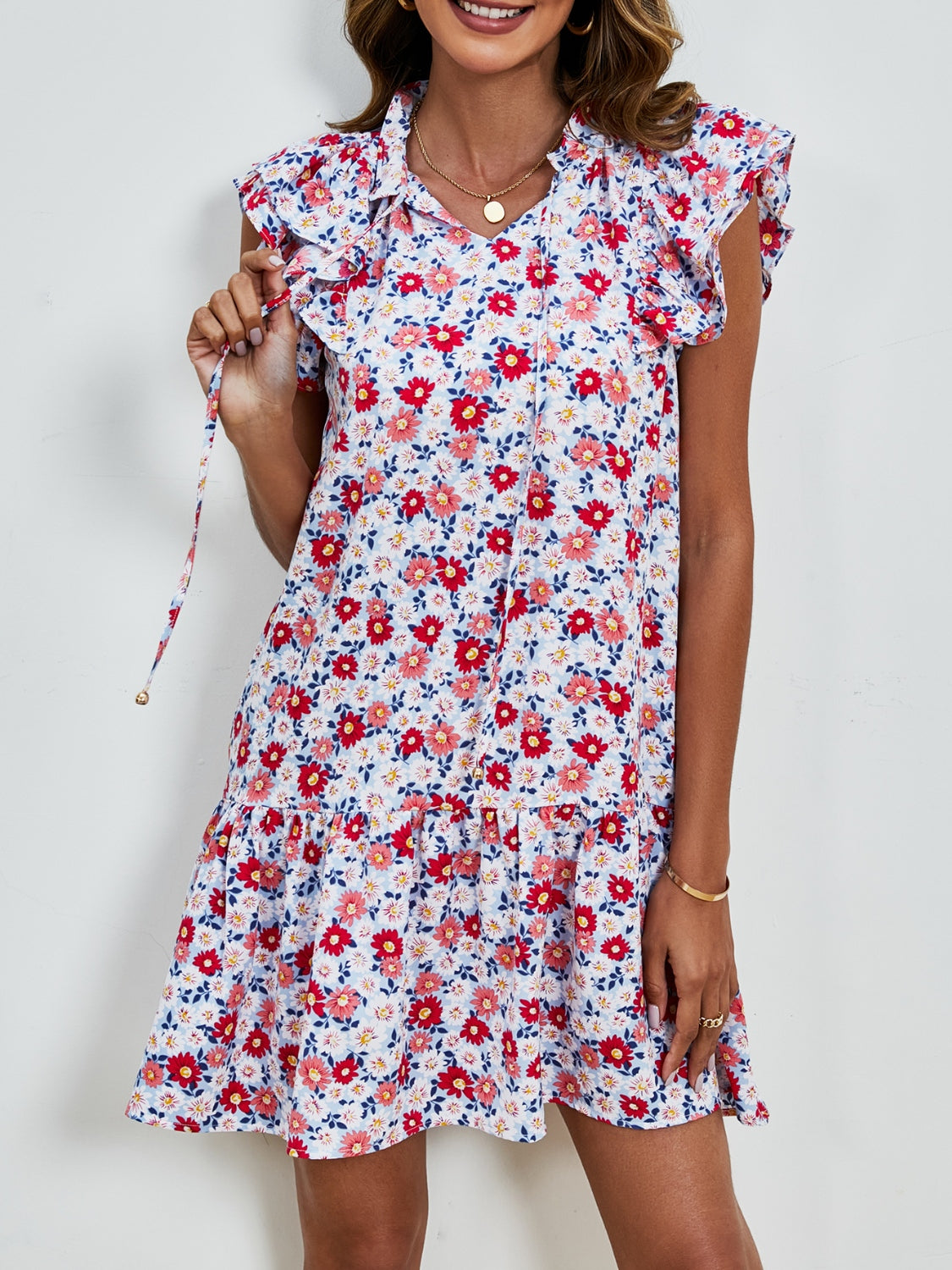 Tied Floral Cap Sleeve Mini Dress-Angel Casuals