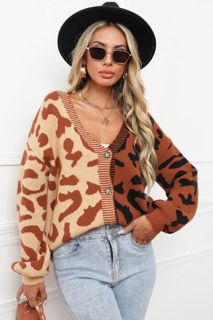 Leopard Button Front Ribbed Trim Cardigan-Angel Casuals