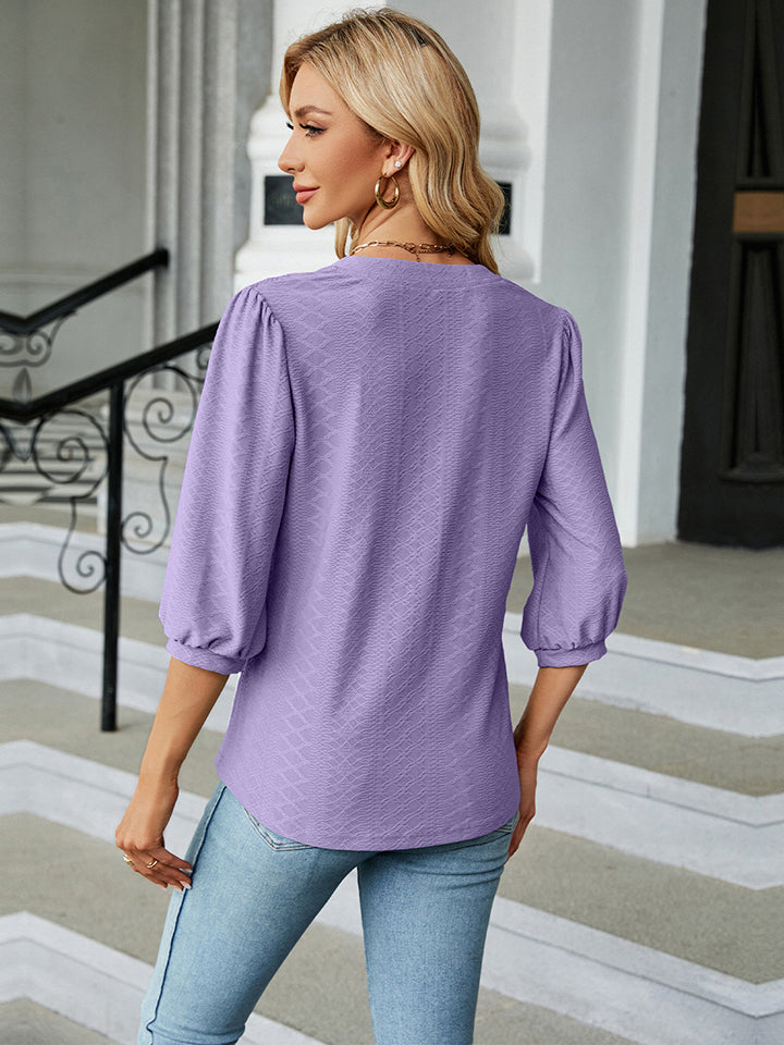 Notched Neck Three-Quarter Sleeve Blouse-Angel Casuals