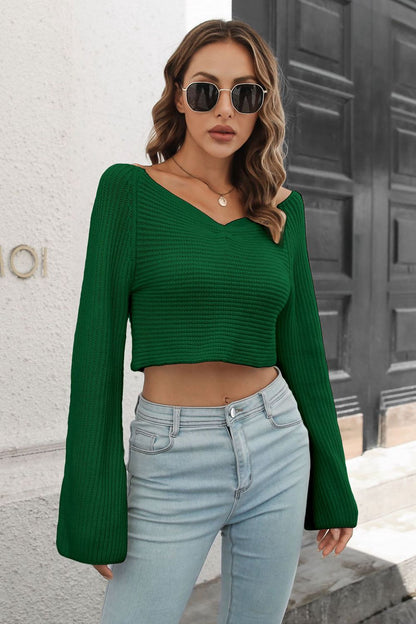 Cropped V-Neck Flare Sleeve Knit Top-Angel Casuals