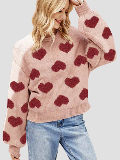 Heart Round Neck Dropped Shoulder Sweater-Angel Casuals