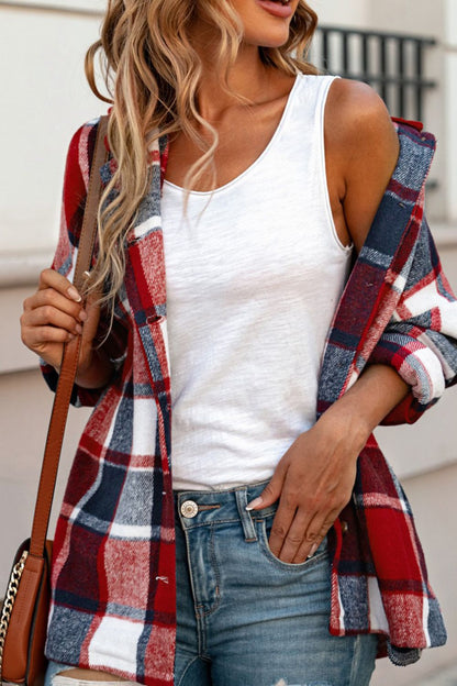 Plaid Button Up Hooded Shacket-Angel Casuals