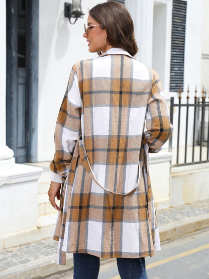 Plaid Belted Collared Neck Button Up Jacket-Angel Casuals