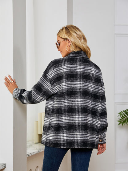 Plaid Collared Shirt Jacket-Angel Casuals