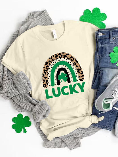 LUCKY Round Neck Short Sleeve T-Shirt-Angel Casuals