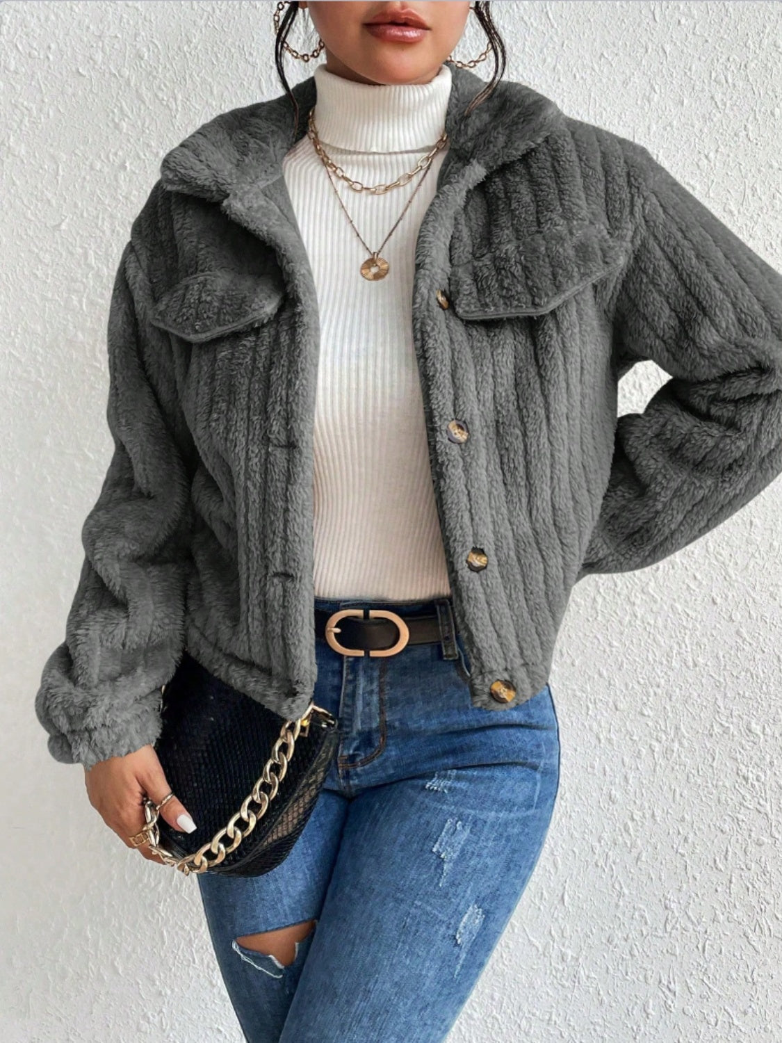 Fuzzy Button Up Collared Neck Jacket-Angel Casuals