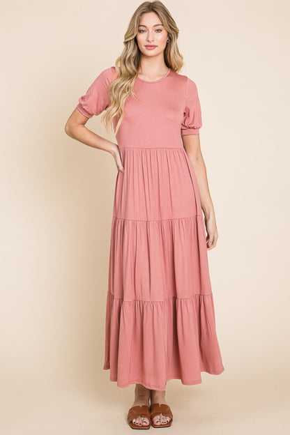 BOMBOM Short Sleeve Tiered Maxi Dress-Angel Casuals