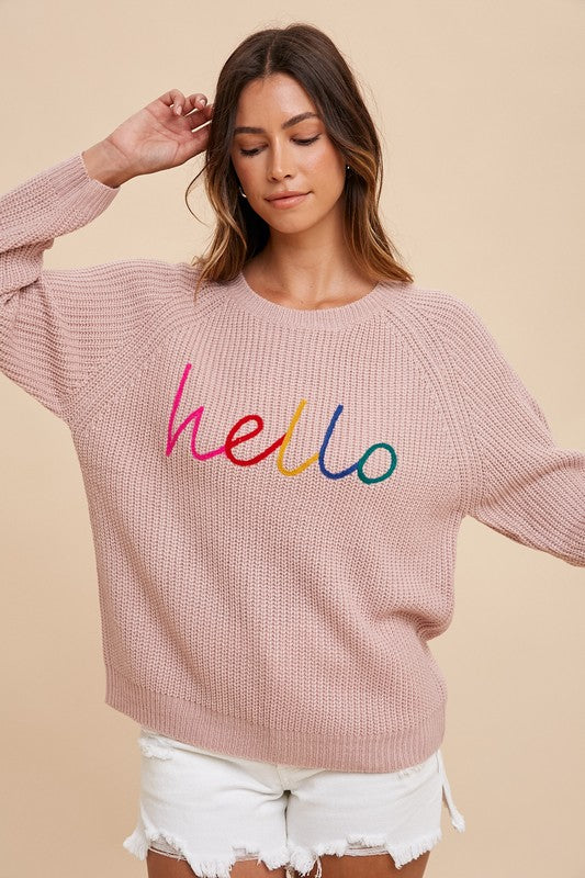 Annie Wear HELLO Embroidered Raglan Sleeve Sweater-Angel Casuals