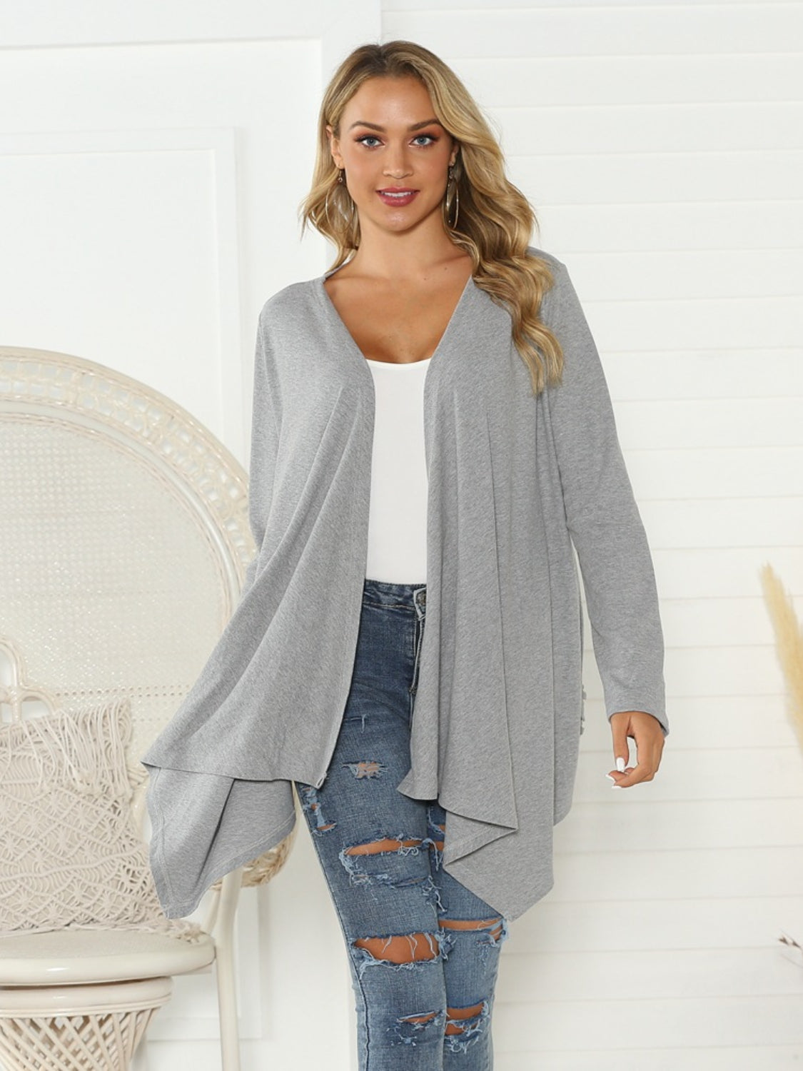 Shiny Floral Open Front Long Sleeve Cardigan-Angel Casuals