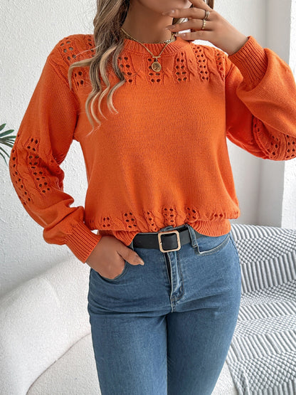 Openwork Round Neck Long Sleeve Sweater-Angel Casuals