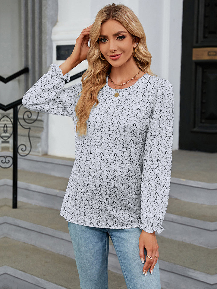 Printed Round Neck Flounce Sleeve Blouse-Angel Casuals