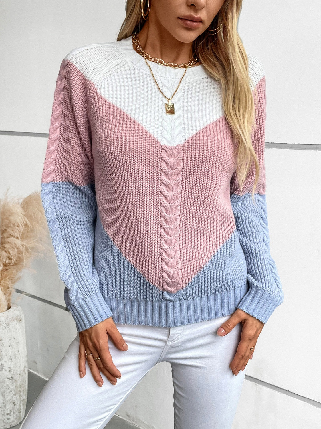 Color Block Round Neck Long Sleeve Sweater-Angel Casuals