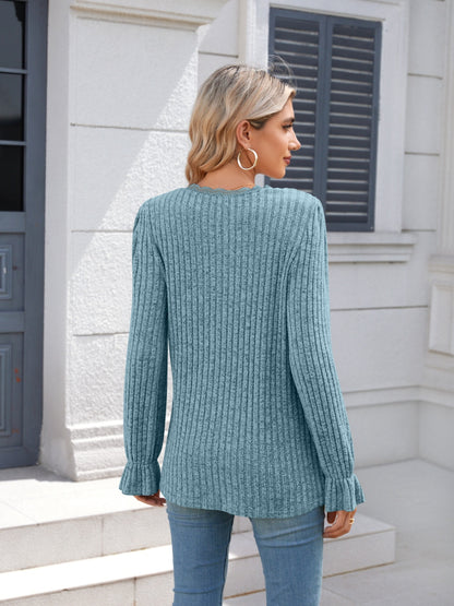 Lace Detail V-Neck Long Sleeve T-Shirt-Angel Casuals