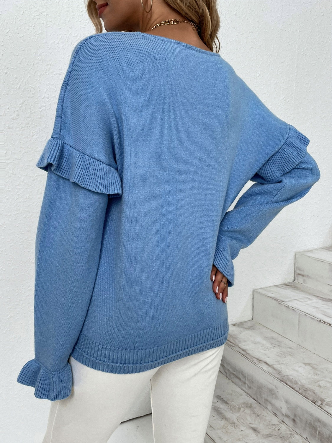 Ruffled V-Neck Dropped Shoulder Sweater-Angel Casuals