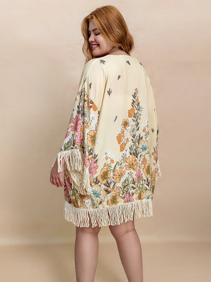 Plus Size Fringe Printed Open Front Cardigan-Angel Casuals