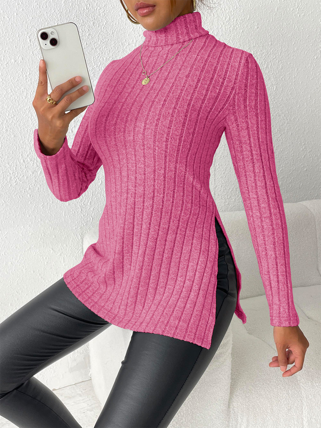 Ribbed Turtleneck Long Sleeve Slit T-Shirt-Angel Casuals