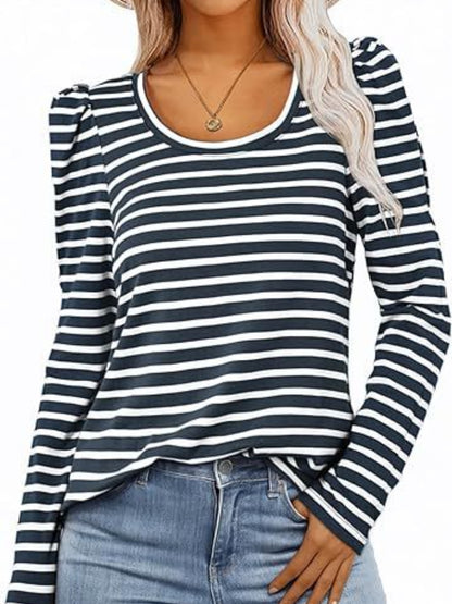 Striped Round Neck Long Sleeve T-Shirt-Angel Casuals