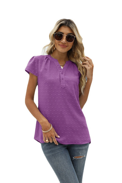 Swiss Dot Notched Neck Short Sleeve Top-Angel Casuals