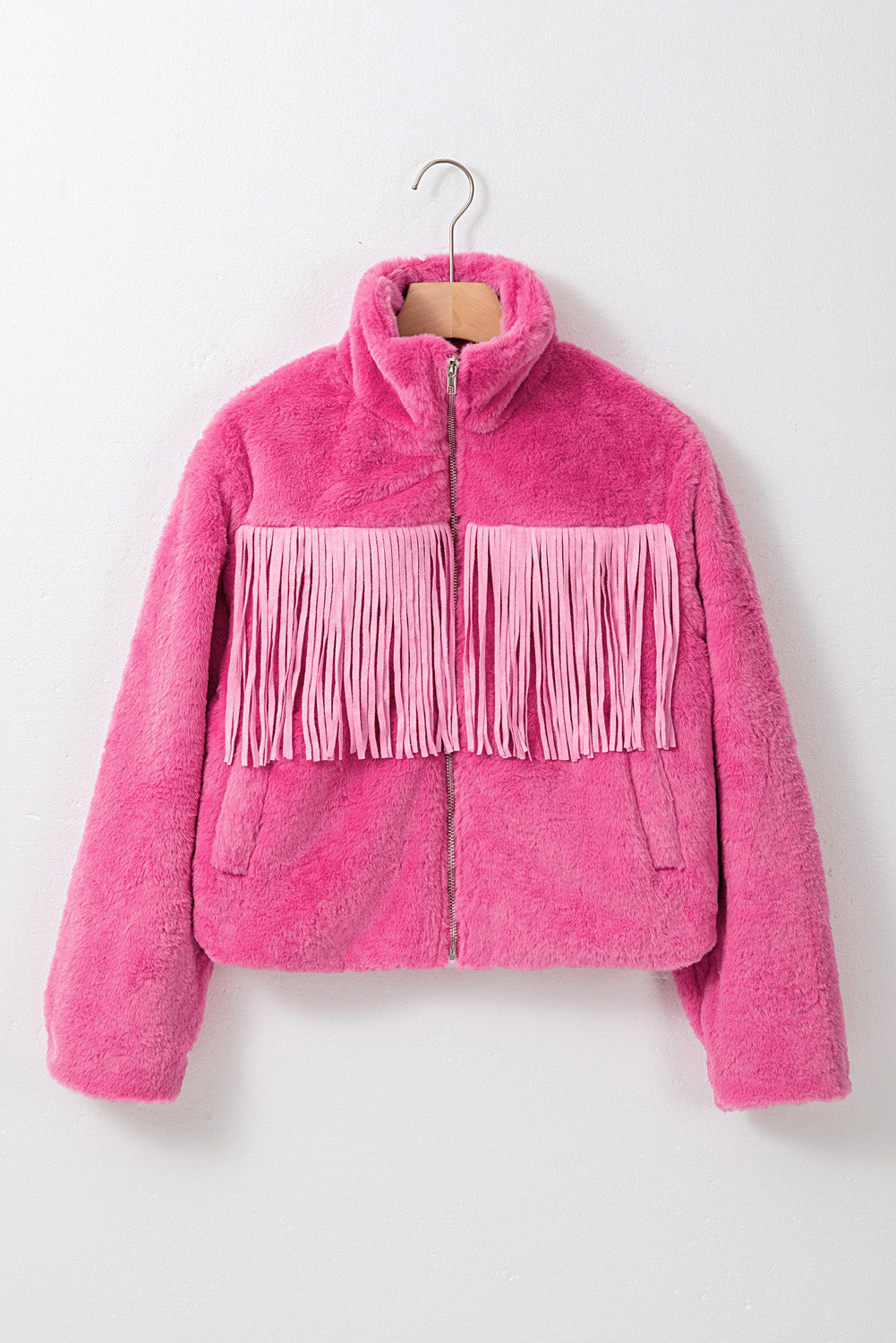 Fringed Zip Up Fleece Jacket-Angel Casuals