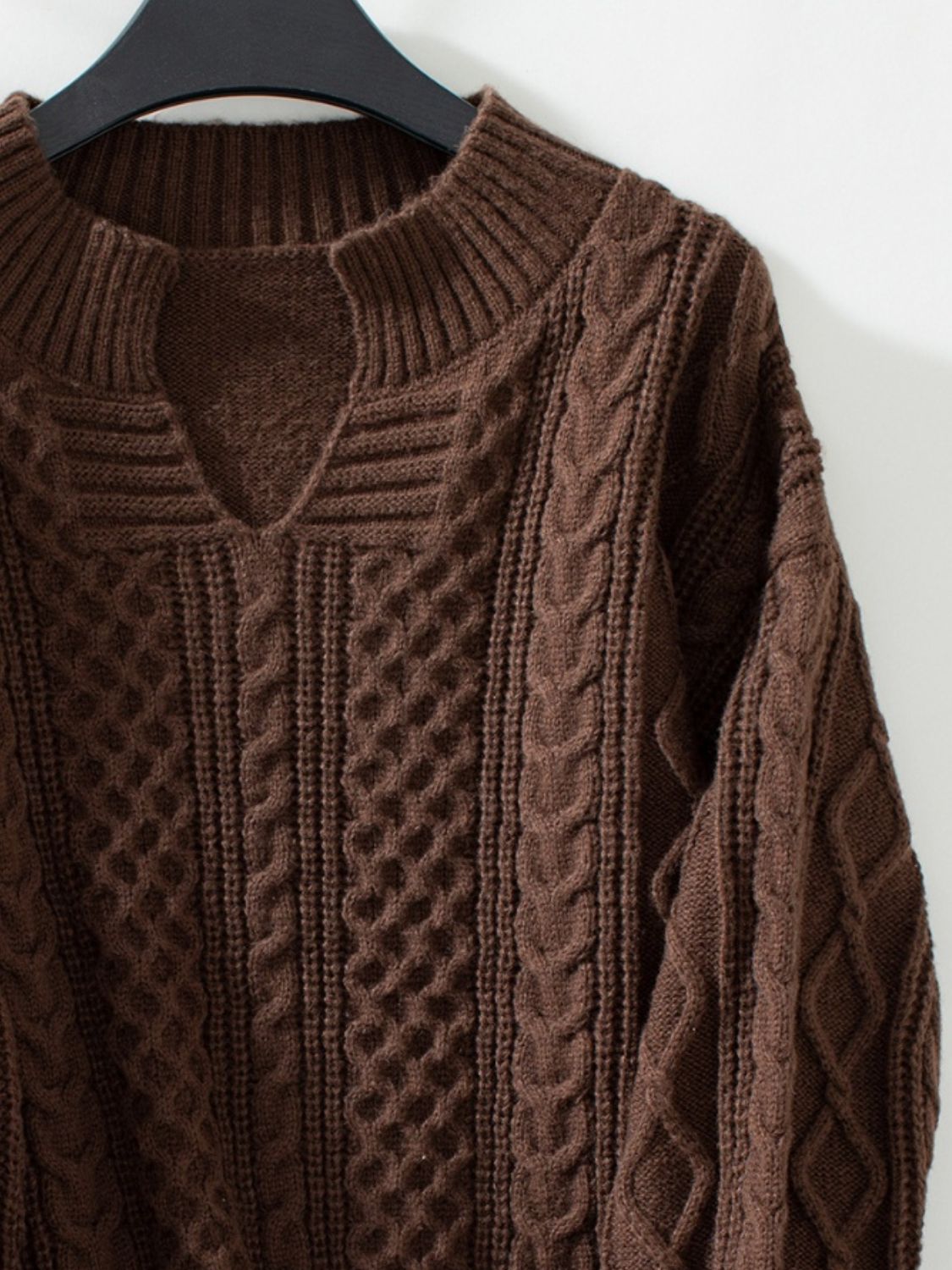 Cable-Knit Notched Long Sleeve Sweater-Angel Casuals