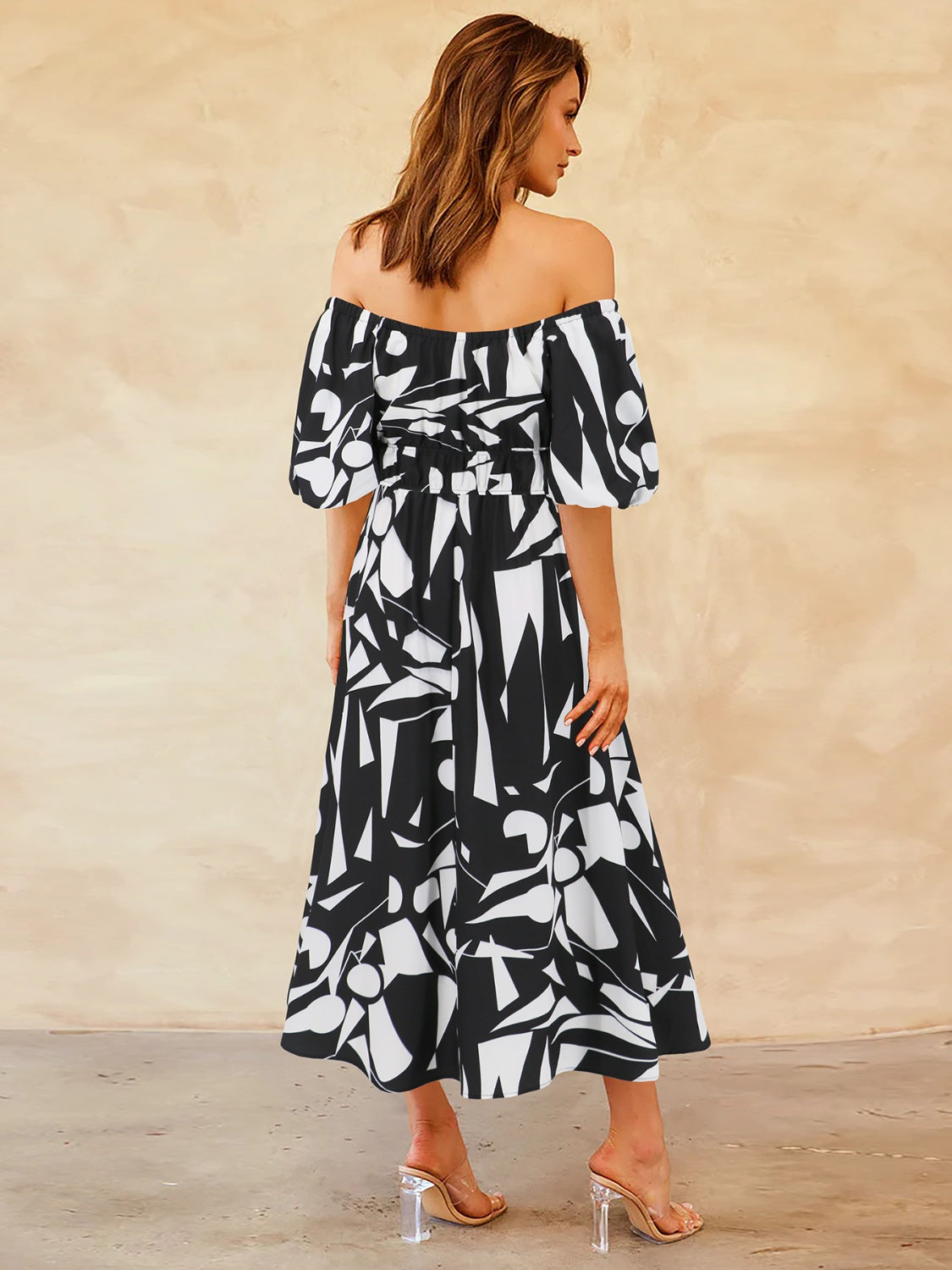 Printed Off-Shoulder Balloon Sleeve Dress-Angel Casuals