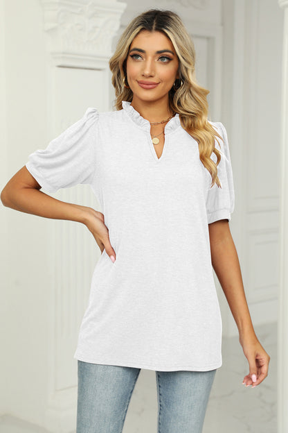 Notched Neck Puff Sleeve T-Shirt-Angel Casuals