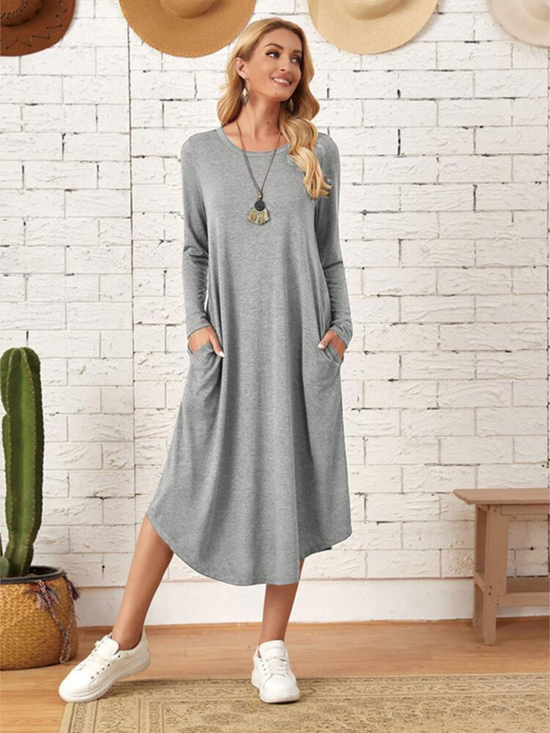 Pocketed Round Neck Long Sleeve Tee Dress-Angel Casuals