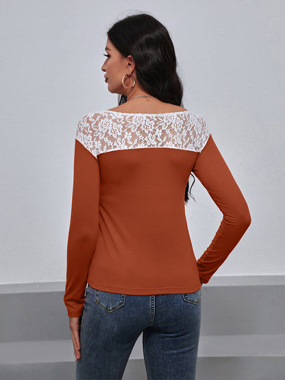 Lace Trim Long Sleeve Round Neck Tee-Angel Casuals