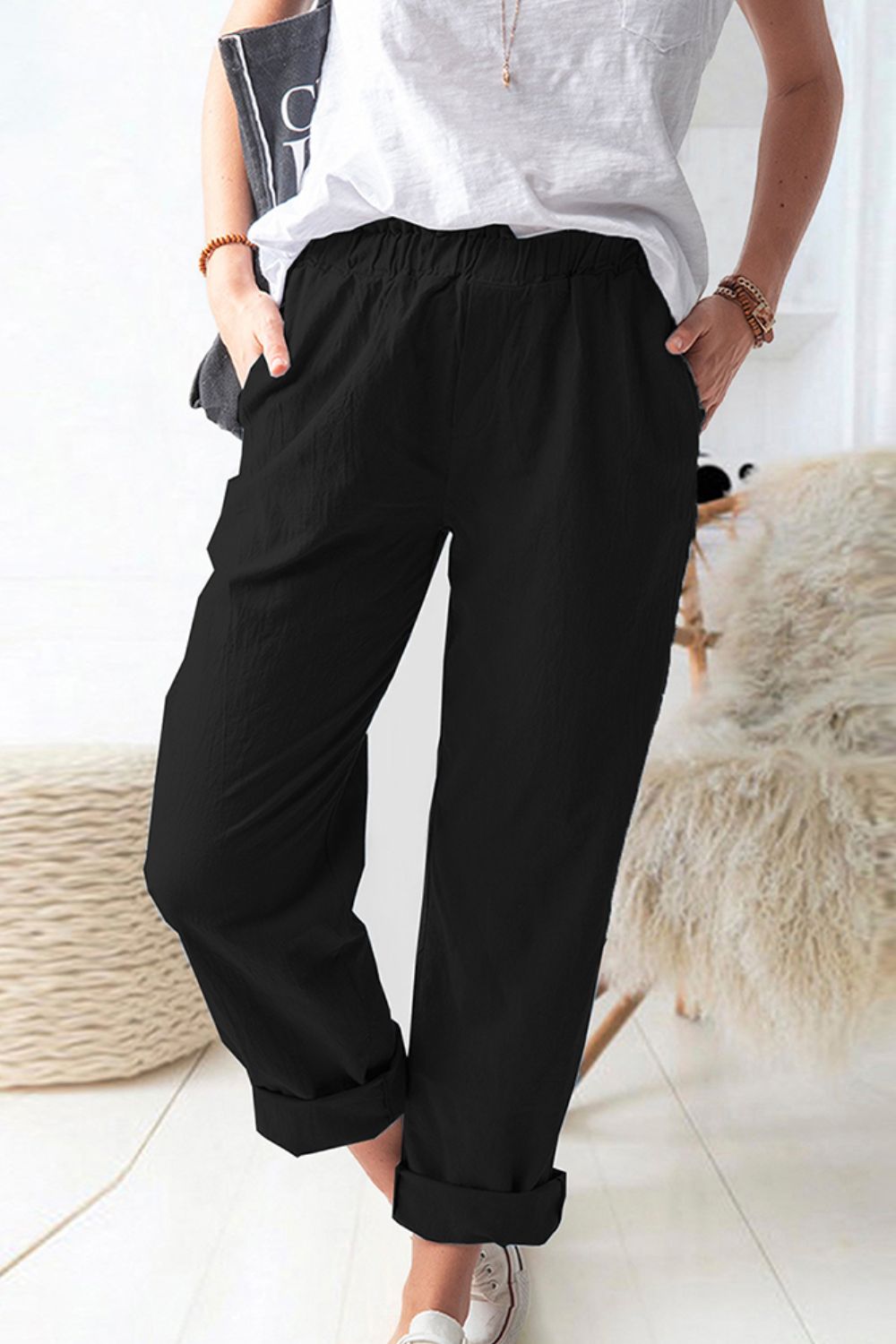 Paperbag Waist Pull-On Pants with Pockets-Angel Casuals