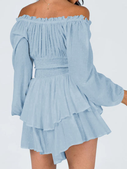 Off Shoulder Smocked Waist Romper-Angel Casuals