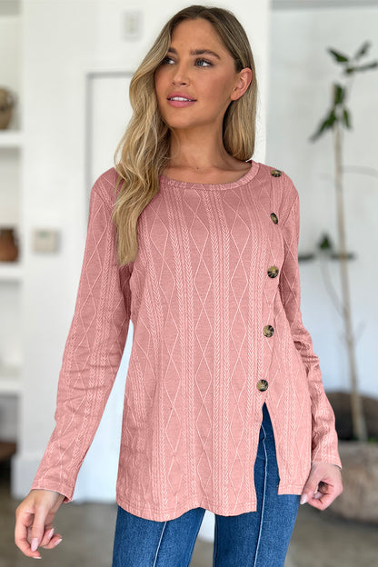 FAM-FAM Slit Round Neck Long Sleeve T-Shirt-Angel Casuals