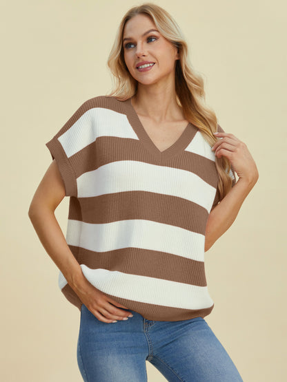 Double Take Full Size Striped V-Neck Short Sleeve Sweater-Angel Casuals