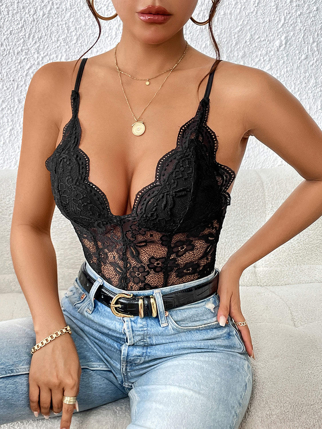 Lace V-Neck Spaghetti Strap Bodysuit-Angel Casuals