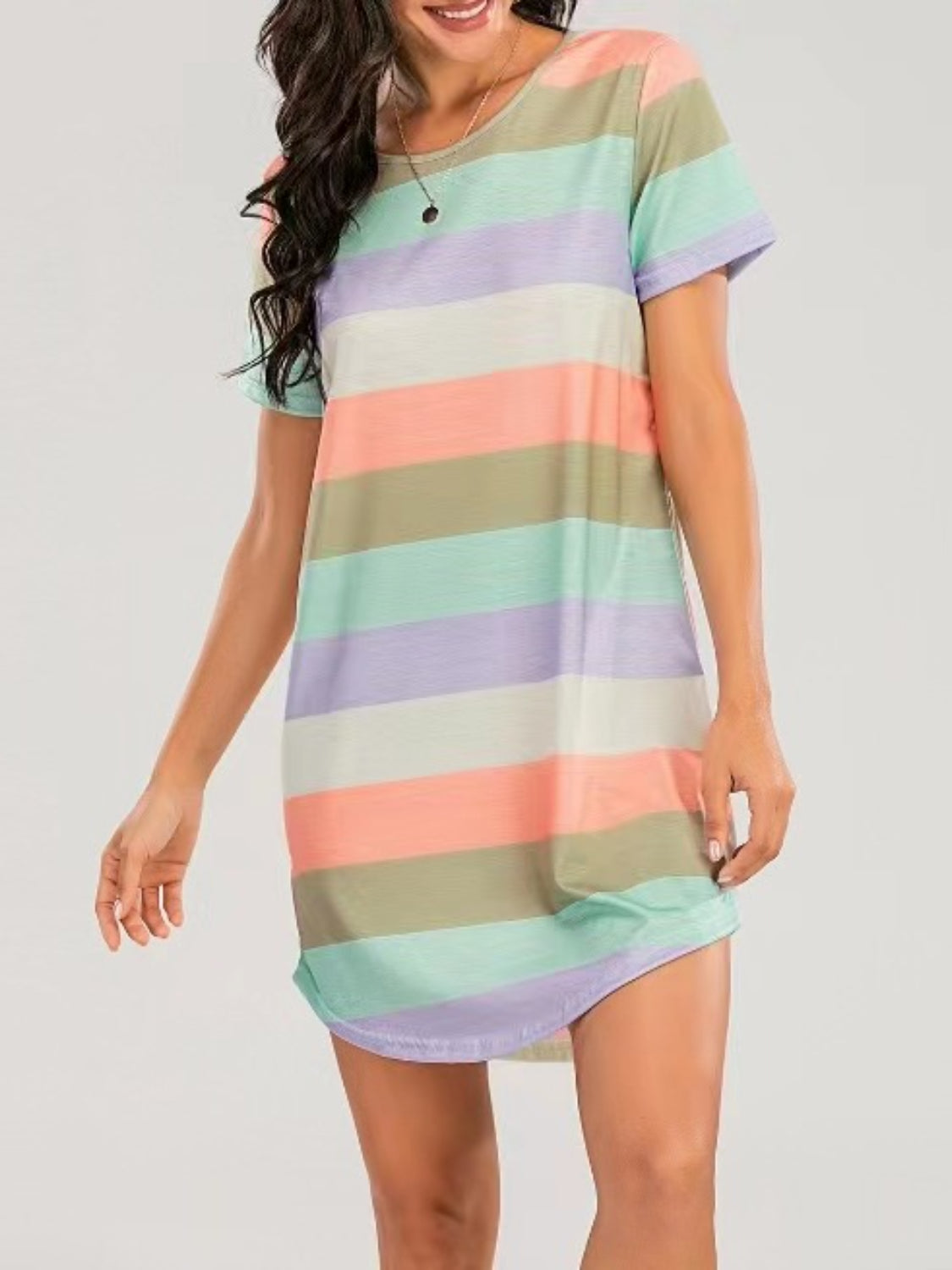 Striped Round Neck Short Sleeve Tee Dress-Angel Casuals