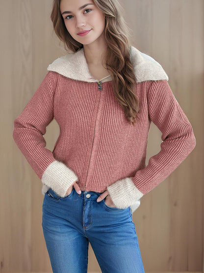 Zip Up Collared Neck Long Sleeve Cardigan-Angel Casuals