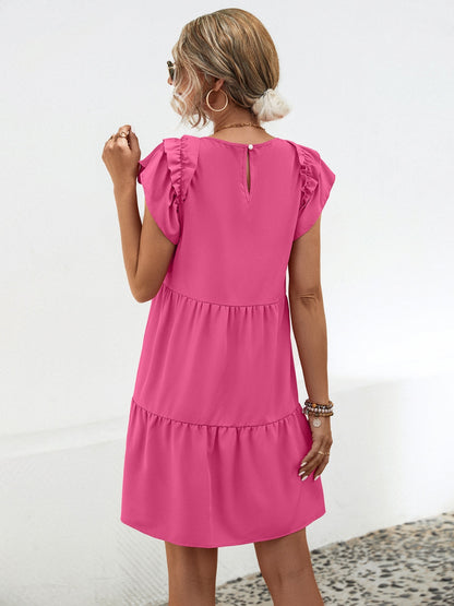 Ruffled Round Neck Cap Sleeve Mini Dress-Angel Casuals