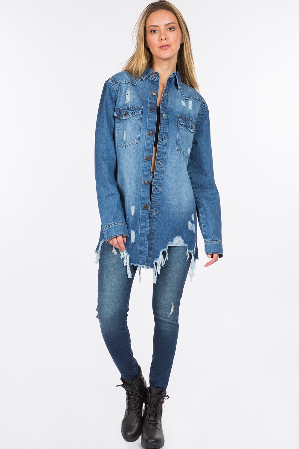 American Bazi Distressed Frayed Hem Denim Jacket-Angel Casuals